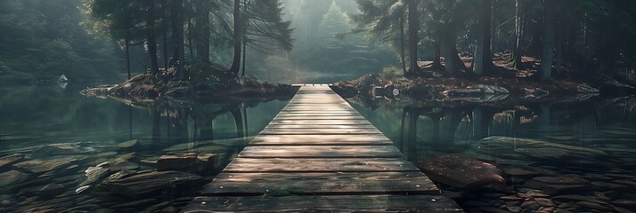 A rustic wooden dock extends into a tranquil lake, framed by towering pine trees and mirrored reflections - obrazy, fototapety, plakaty