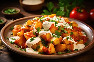 Patatas Bravas: A close-up shot of crispy Spanish-style fried potatoes topped with spicy tomato sauce and creamy aioli, garnished with chopped parsley