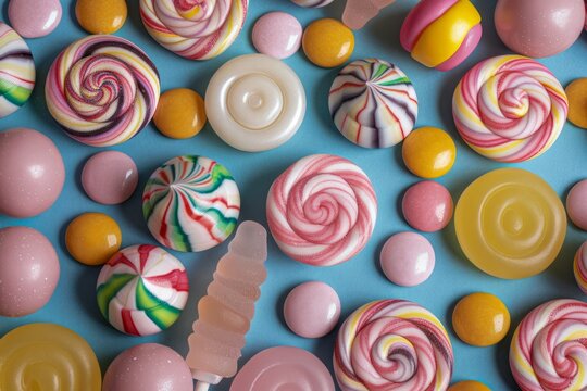 Colorful Assortment of Sweets and Candy on a Blue Background for Festive Celebrations and Treats