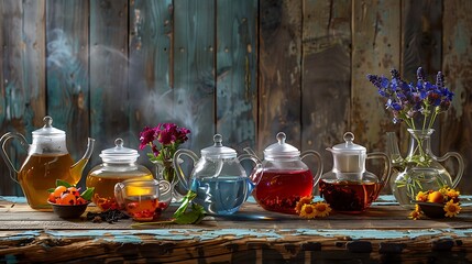 A rustic wooden table adorned with a collection of antique glass teapots, each filled with a different variety of aromatic tea