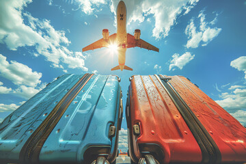 An airplane is flying over an old trunk case. travel concept. - obrazy, fototapety, plakaty