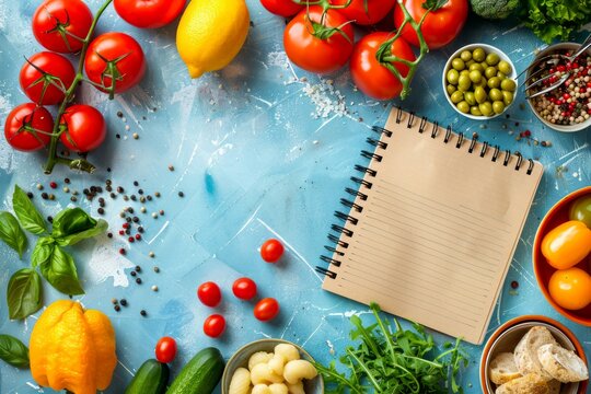 Fresh Vegetables, Herbs, and Condiments for Healthy Cooking on a Blue Background with Notebook for Recipes
