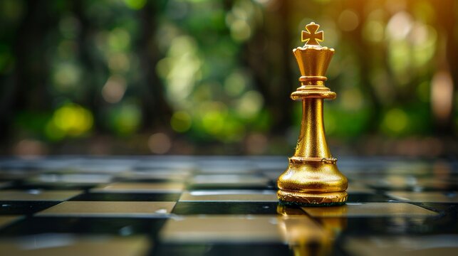 Golden king chess piece on board symbolizes business success, leadership, and strategic excellence