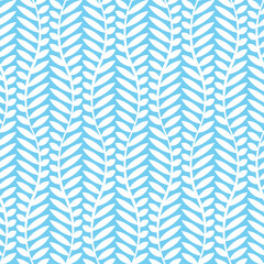 Seamless floral pattern with stylized vertical wavy branches with small white leaves on a light blue background. Abstract geometric design. Vector illustration. 