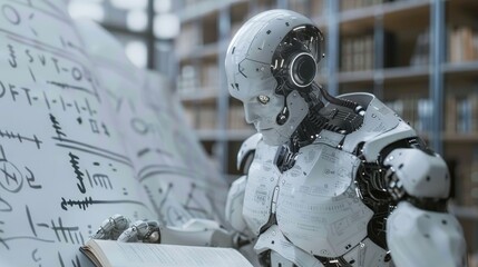 Humanoid ai robot with book surrounded by holographic math formulas on blurred background