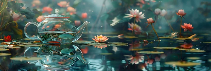 Foto op Canvas A serene scene of a tranquil pond with water lilies, reflected in the clear surface of a glass teapot © thisisforyou