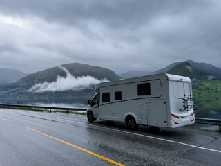 Motorhome camper in Bergen to Alesund road, south Norway. Europe