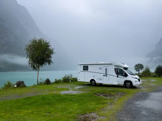 Foto auf Acrylglas Motorhome camper in a campsite near Briksdal glacier, south Norway. Europe © Alberto Gonzalez 