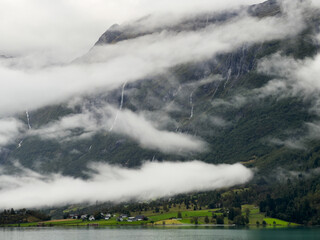 Autumn landscape in Briksdalbreen glacier valley in South Norway, Europe.