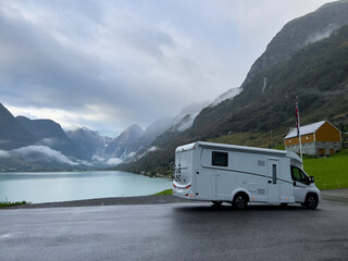 Motorhome camper in Briksdal glacier valley in south Norway. Europe