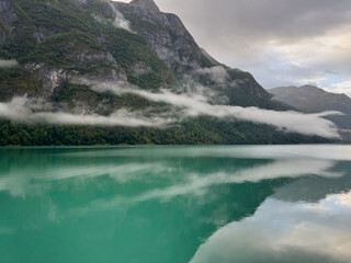 Autumn landscape in Briksdalbreen glacier valley in South Norway, Europe.