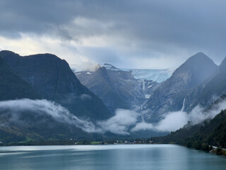 Autumn landscape in Briksdalbreen glacier valley in South Norway, Europe.