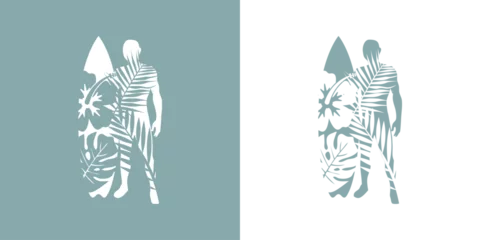 Fototapeten Logo club de surf. Silueta de hombre de pie con tabla de surf con plantas tropicales en espacio negativo © teracreonte