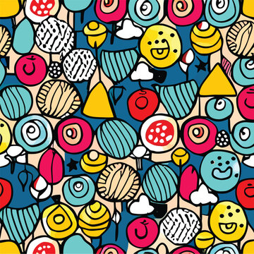 Fun colorful line doodle seamless pattern. Creative minimalist style art background for children or trendy design with basic shapes. Simple childish scribble backdrop.