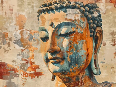 Serene Contemplation: Buddha in Watercolor, This image presents a serene depiction of a Buddha statue with a watercolor effect, blending warm and cool tones to create a peaceful yet striking visual.