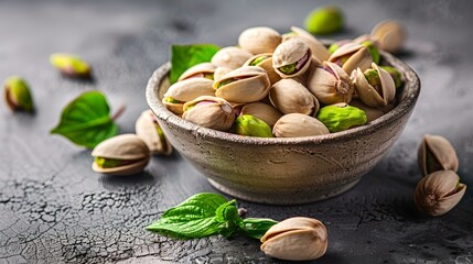 Fresh pistachio nuts in a rustic bowl on dark textured background. healthy snack, perfect for food blogs. close-up shot capturing texture and color. AI