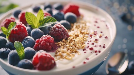 Close up of healthy yogurt and fruit smoothie bowl decorated with raspberry, blueberry and puffed...