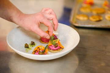 Chef preparing a plate in restaurant kitchen. Only hands. Chef cooking in the restaurant kitchen. Selective focus.
