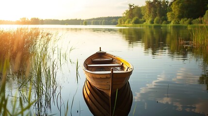 A solitary rowboat bobs gently on the surface of a serene lake, surrounded by the tranquility of nature - obrazy, fototapety, plakaty