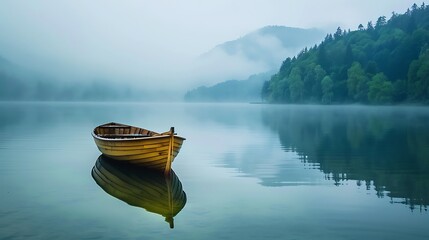 A solitary rowboat bobs gently on the surface of a serene lake, surrounded by the tranquility of nature - obrazy, fototapety, plakaty