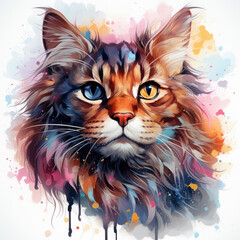 Watercolor Celestial Cat Illustration, Generative Ai