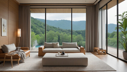 contemporary living room interior deisgn house beautiful with natural color scheme view of forest mountain hill nature background