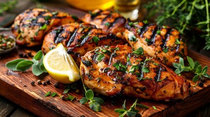 Marinated grilled healthy chicken breasts cooked on a summer BBQ and served with fresh herbs and lemon juice on a wooden board, close up view - Powered by Adobe