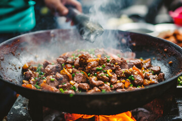 Stir fry beef with vegetables in a wok on the street