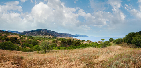 Beautiful summer coastline panorama (Crimea, Ukraine). Two shots composite picture.