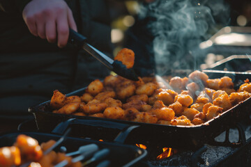 Closeup of grilling chicken nuggets on barbecue grill outdoors - obrazy, fototapety, plakaty