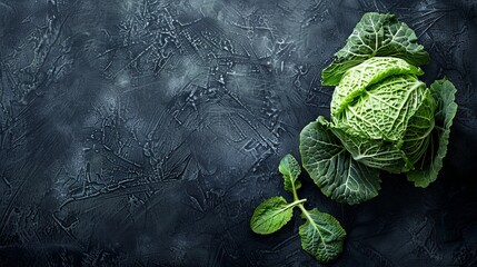 Raw fresh green cabbage texture and background, top view over dark background, selective focus - obrazy, fototapety, plakaty