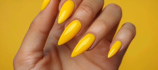 Close up of elegant woman s hand with vibrant yellow nail polish on perfectly manicured nails