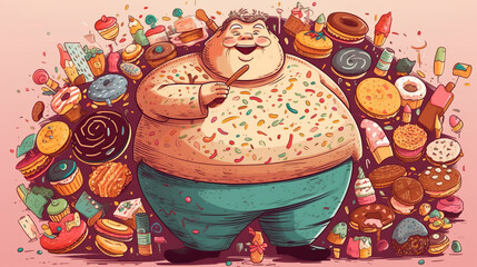 a fat man eating junk food and sweets, diabetes concept , body of man full of junk sweets and candies 
