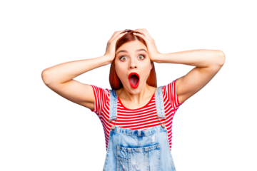 Sale discount black friday person people concept. Close up studio photo portrait of humorous terrified astonished lady touching head with hands looking at camera isolated bright vivid background