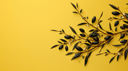 Fototapeta na wymiar Bright yellow backdrop adorned with intricate olive branches, lustrous black leaves, and delicate blossoms.