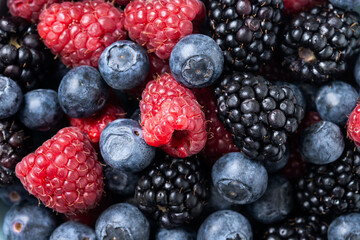 Fresh assortment berries in bowl background. Close up