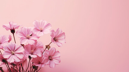 Bunch of pink flowers against a blush background.