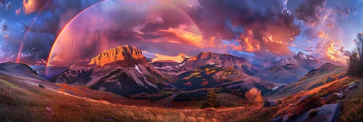Foto op Canvas A vibrant rainbow arcs across the sky, bringing color and joy to a stormy landscape. © thisisforyou