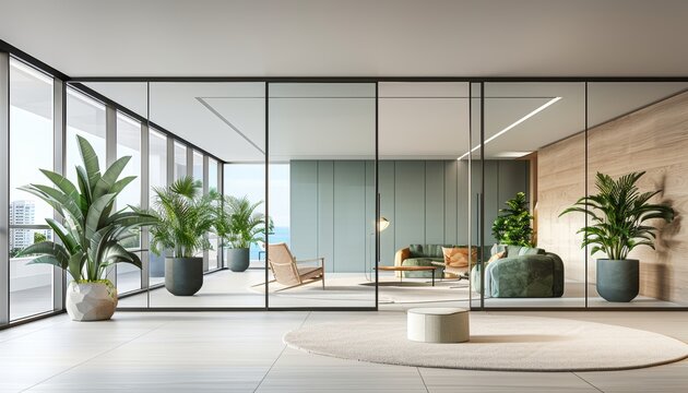 Sleek modern office interior featuring a glass partition wall and elegant white flooring design