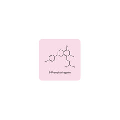 8-Prenylnaringenin skeletal structure diagram.Isoflavanone compound molecule scientific illustration on pink background.