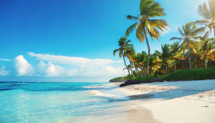 Tropical Beach in Dominican Republic: Palm Trees on Sandy Island in the Ocean - obrazy, fototapety, plakaty
