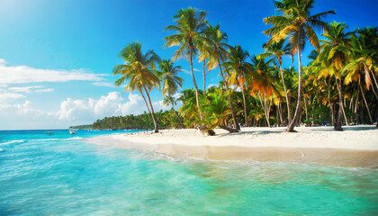 Fototapeta premium Tropical Beach in Dominican Republic: Palm Trees on Sandy Island in the Ocean