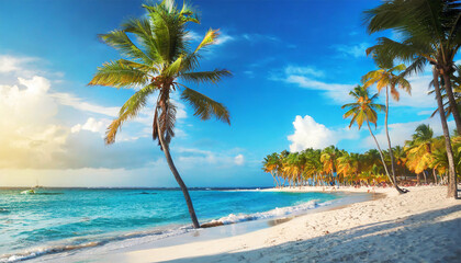 Tropical Beach in Dominican Republic: Palm Trees on Sandy Island in the Ocean - obrazy, fototapety, plakaty