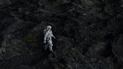 Astronaut stands amidst dark, rugged terrain, solitary extraterrestrial expedition. 3d render