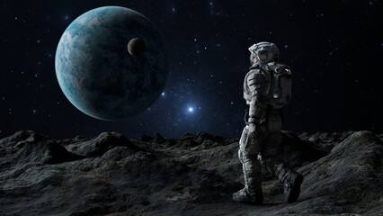 Astronaut surveys a stark landscape with a huge planet and its moon in the background. Cosmonaut walk. 3d render