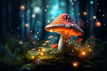Fototapeta na wymiar Enchanting scene of mystical glowing mushroom in magical forest with wizardly backdrop