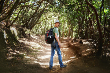 Obraz premium Man wearing a backpack stands amidst the trees in a dense forest. Tenerife, Spain