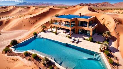 A drone shot of a luxury swimming pools in the desert, sand dunes, mountains, luxury mansion and garden, hotel, resort, architecture inspiration, architectural concept, design, modern building