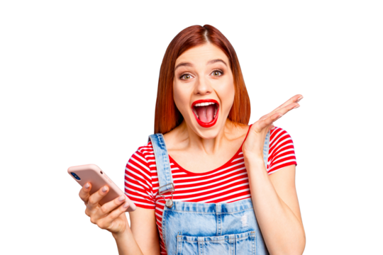 Yes cool teenager striped t-shirt people facial emotion expressing concept. Close up photo portrait of mad cheerful joyful rejoicing girl holding cellular hand isolated bright vivid shine background