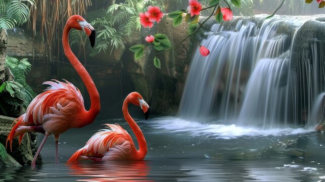 Elegant flamingos gracefully navigating the shallow waters of a serene jungle pond